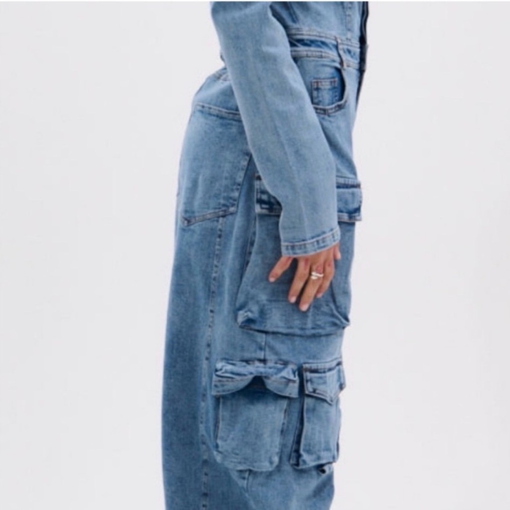 AKIRA Blue Denim Off-Shoulder Utility Style Jumpsuit - Picture 7 of 8